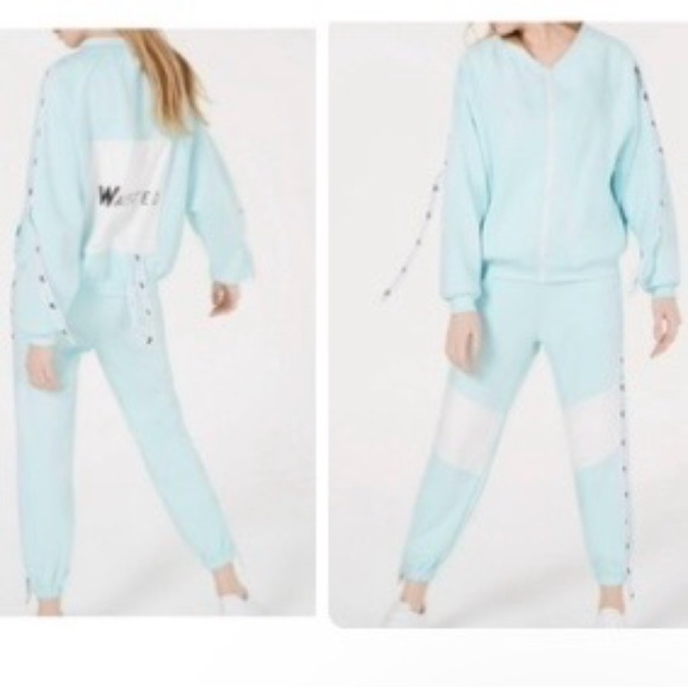 NEW Waisted Oversize light blue white graphic back zip up crop preppy sweatshirt